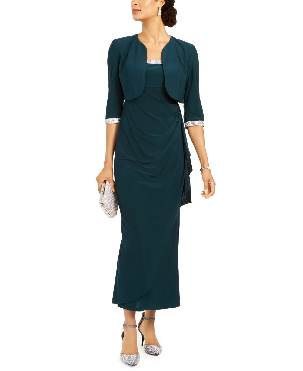 R & M Richards Women's Cropped Jacket & Ruffled Gown Green Size 14