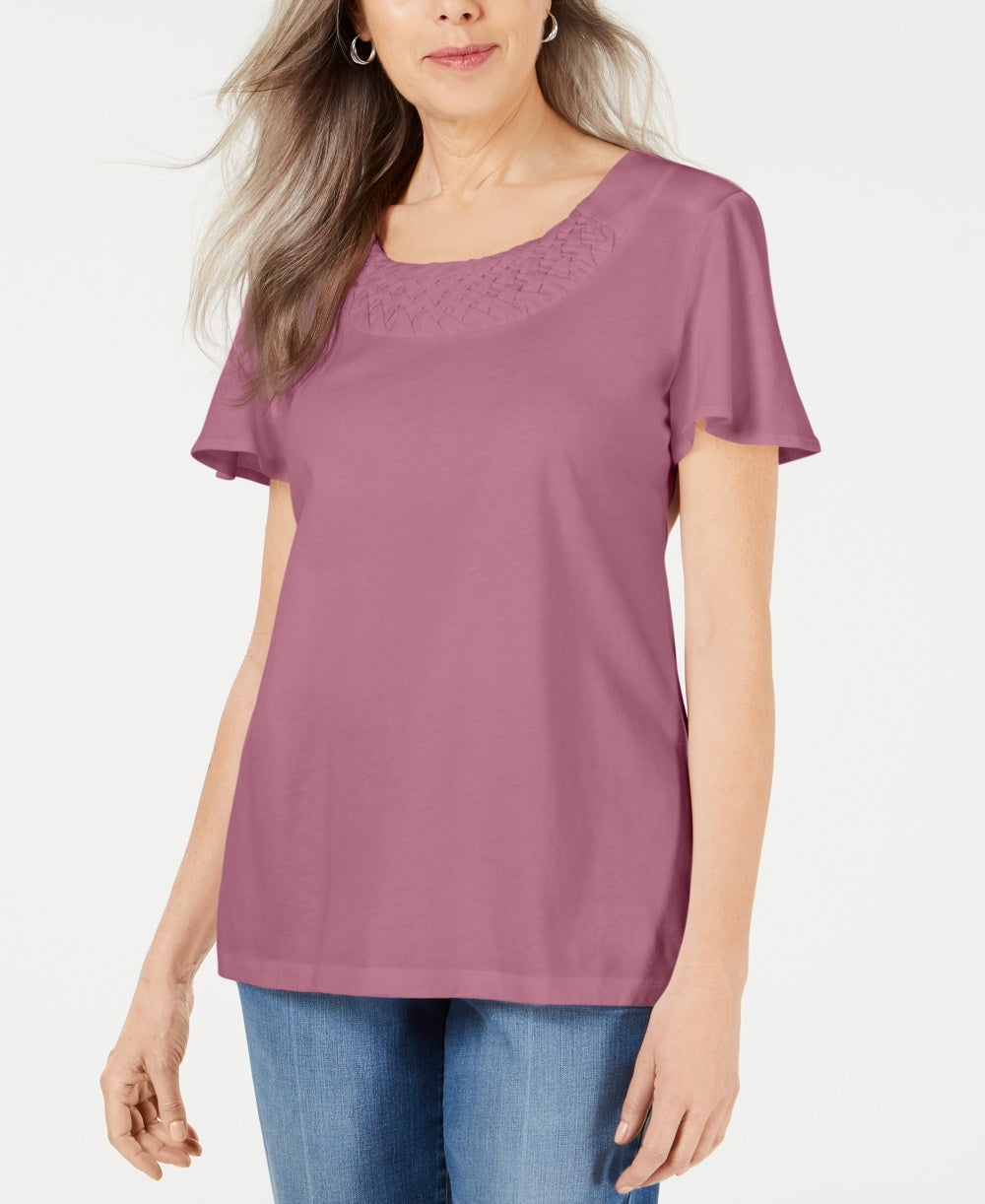 Karen Scott Women's Basketweave-Trim Flutter-Sleeve Top Pink Size X Small