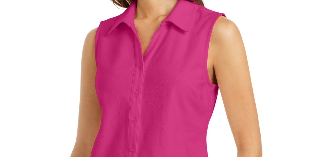 Charter Club Women's Cotton Pique Sleeveless Shirt Pink Size 10