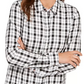 Charter Club Women's White Plaid Cuffed Button Up Top Size Medium White Size Medium