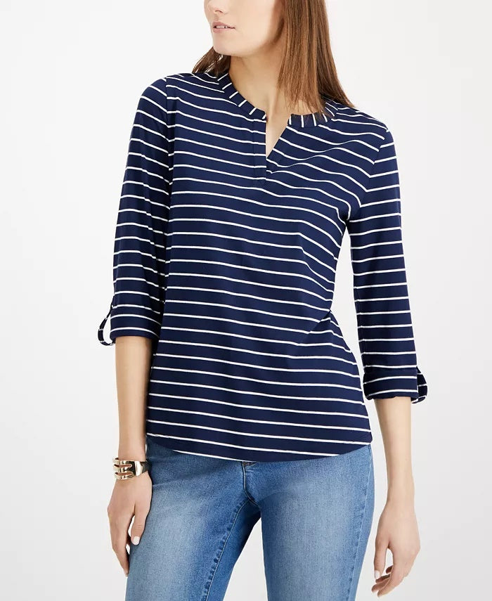 Charter Club Women's Petite Striped Split-Neck Top Blue Size Medium