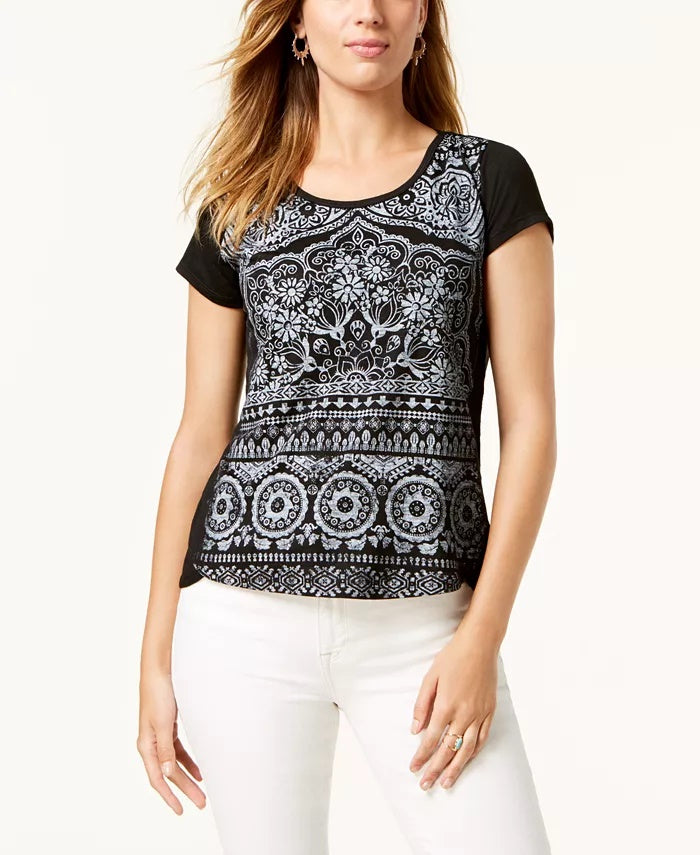 Style & Co Women'sBrushstroke-Print Polo Top Black Size PS