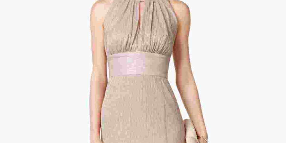 R & M Richards Women's Metallic Knit Keyhole Halter Gown Gold Size 10