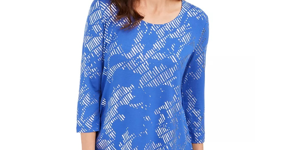 JM Collection Women's 3/4-Sleeve Printed Top Blue Size Small