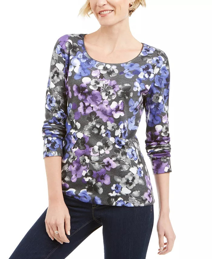 Karen Scott Women's Printed Scoop-Neck Top Blue Size Large