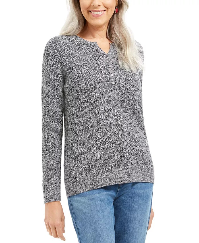 Karen Scott Women's Cable-Knit Henley Sweater Grey Size Small