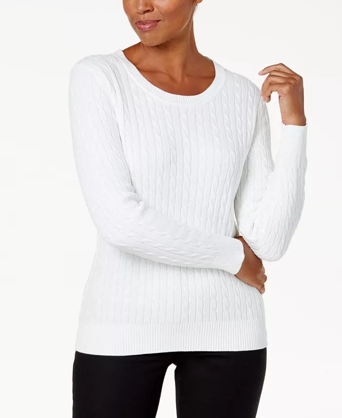 Karen Scott Women's Cotton Cable-Knit Sweater WhiteSize PL