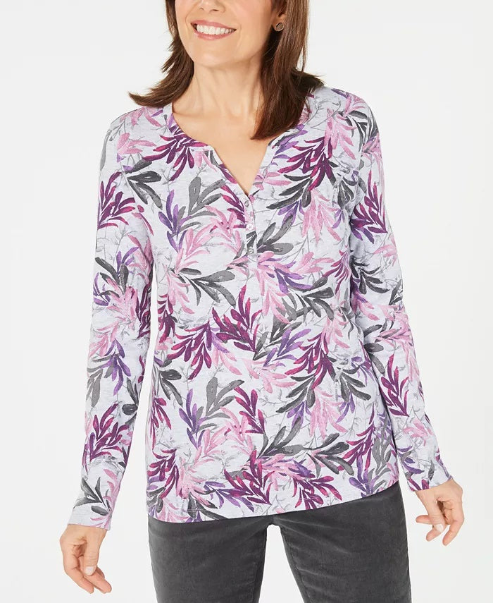 Karen Scott Women's Printed Split-Neck Top Purple Size X-Small