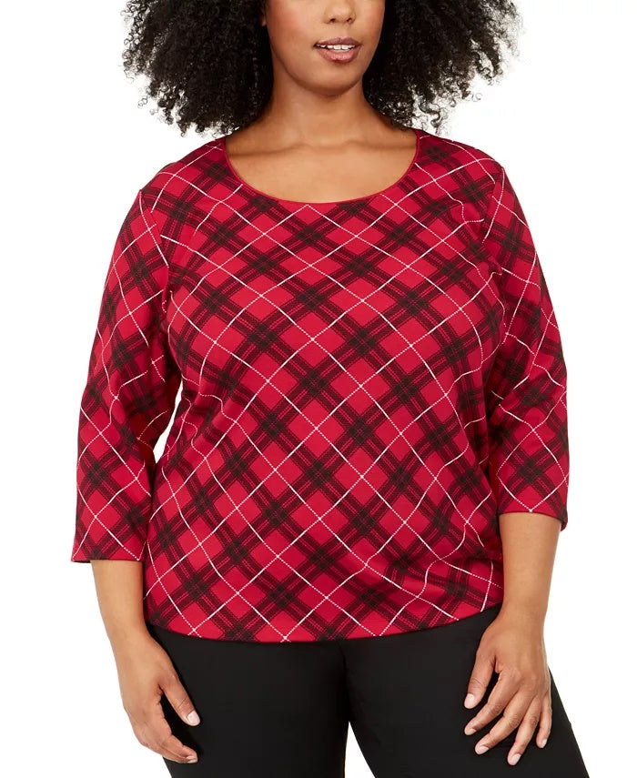 Karen Scott Women's Plus Size Plaid 3/4-Sleeve Top Bright Red Size 0X