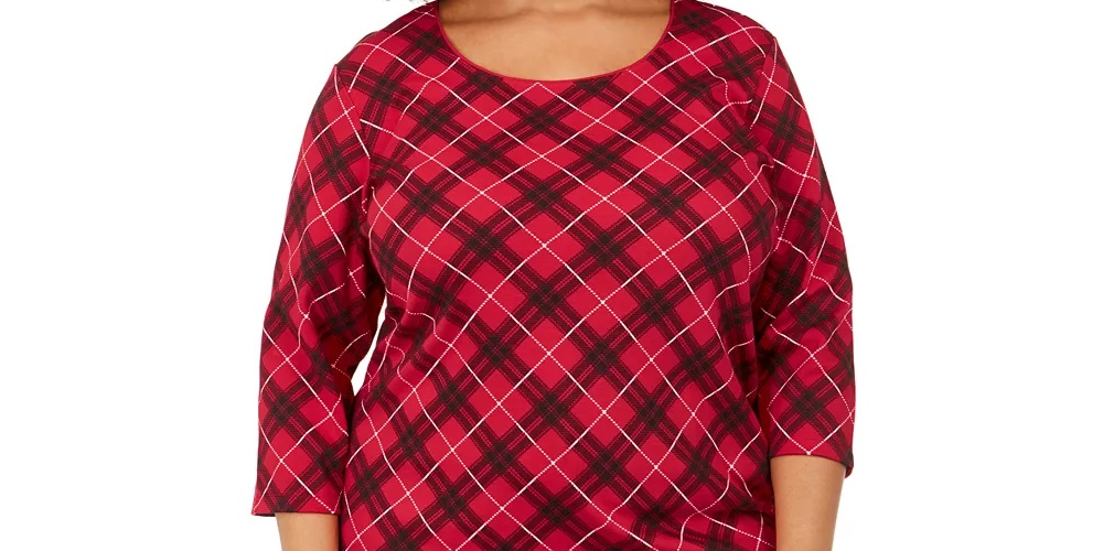 Karen Scott Women's Plus Size Plaid 3/4-Sleeve Top Bright Red Size 0X