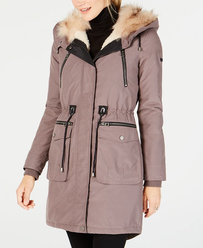 Lucky Brand Women's Faux Fur Lined Multi Pocket Anorak Coat Gray Size XS