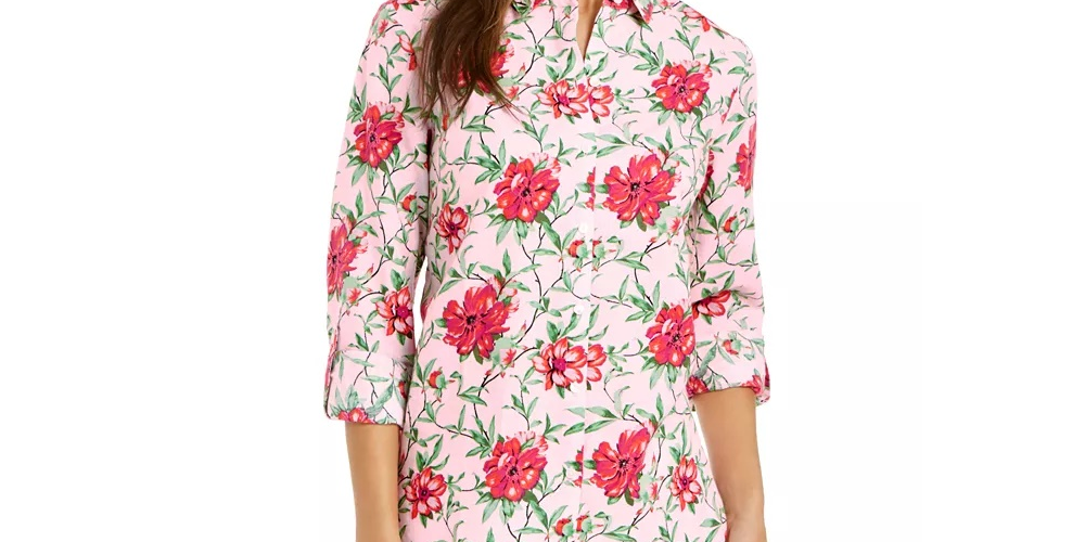 Charter Club Women's Linen-Blend Printed Tab-Sleeve Shirt Pink Size X-Large