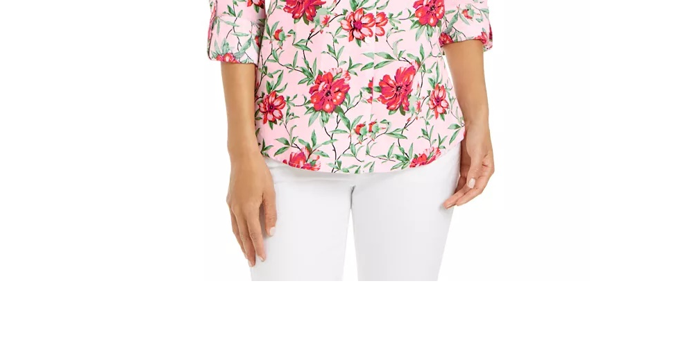 Charter Club Women's Linen-Blend Printed Tab-Sleeve Shirt Pink Size X-Large