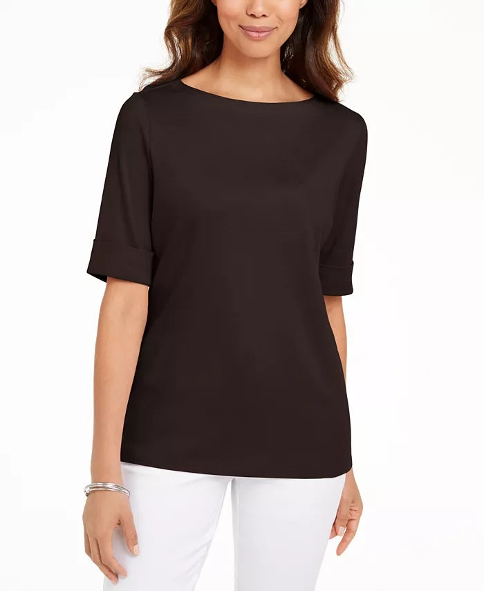 Karen Scott Women's Boat-Neck Elbow-Sleeve Top Brown Clay Size Medium
