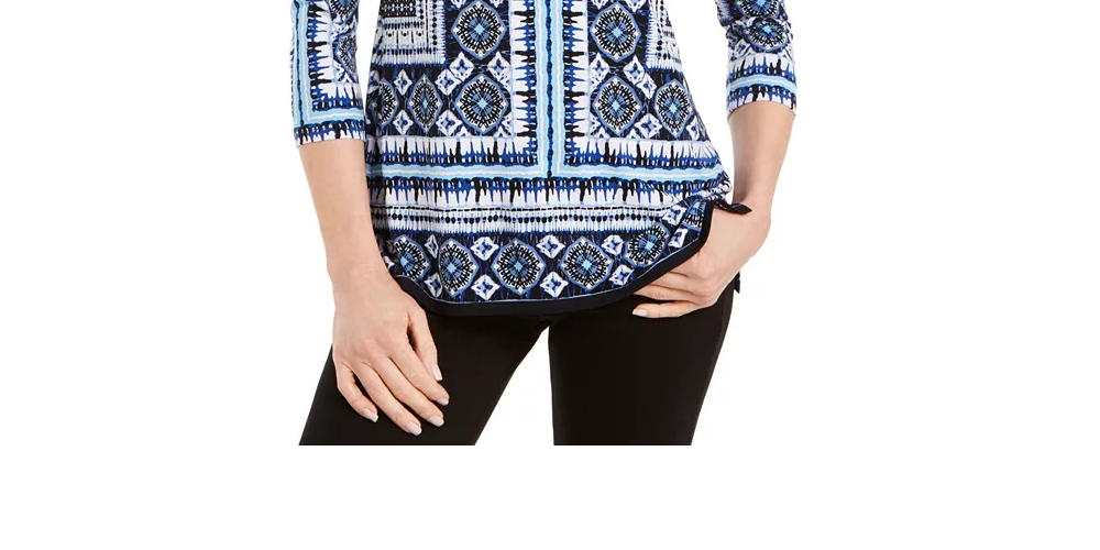 JM Collection Women's Printed Embellished-Keyhole Top Blue Size XX-Large