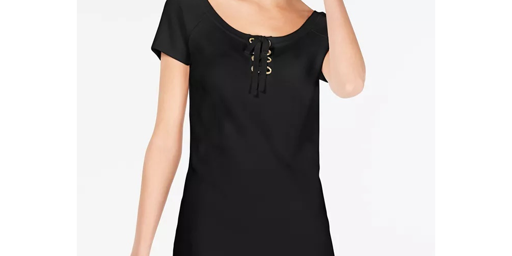 INC International Concepts Women's Petite Lace-Up Scoop-Neck Top Black Size Medium