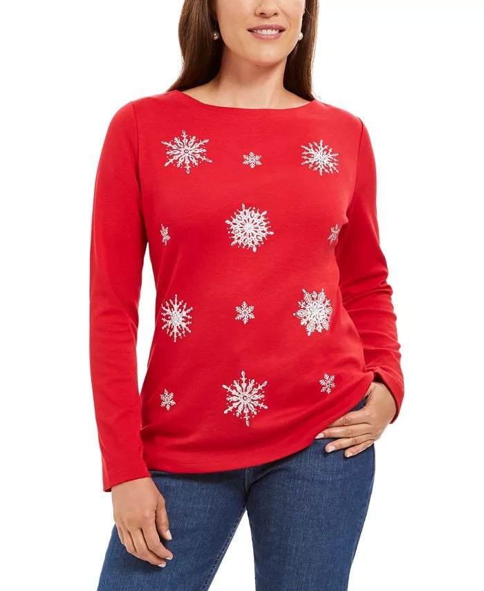 Karen Scott Women's Petite Embellished Snowflake Top Red Size PS