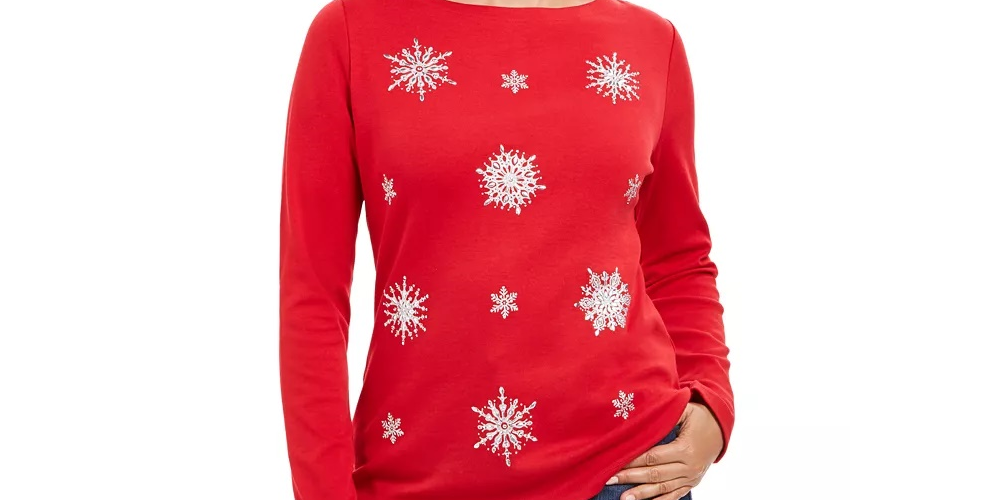 Karen Scott Women's Petite Embellished Snowflake Top Red Size PS