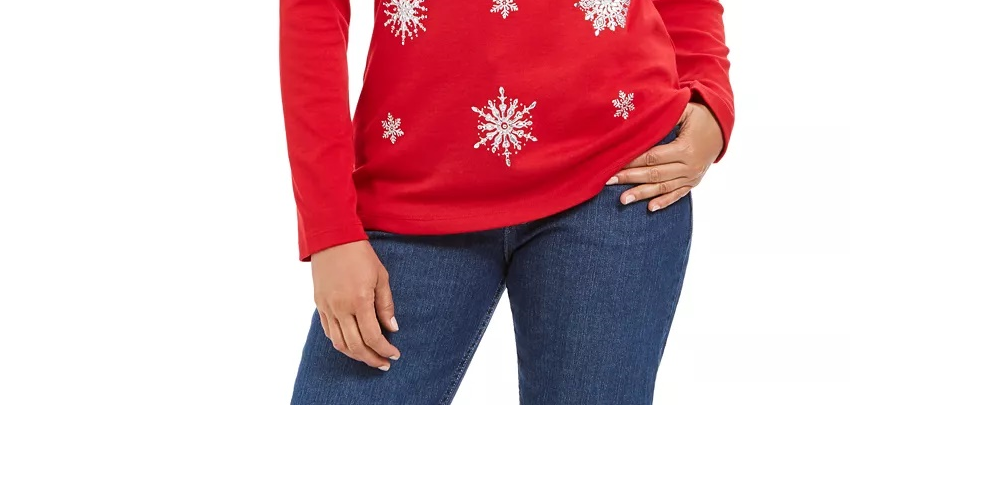 Karen Scott Women's Petite Embellished Snowflake Top Red Size PS
