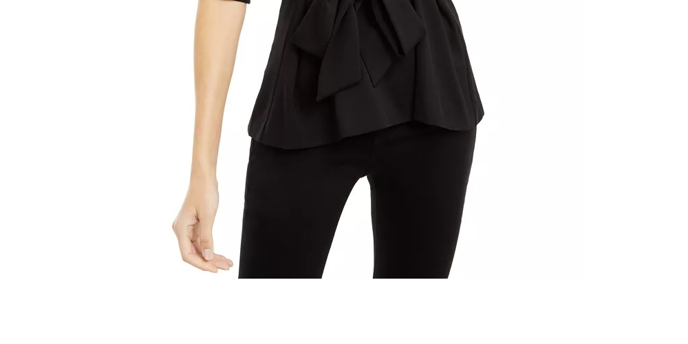 Alfani Women's Petite Faux-Wrap Elbow-Sleeve Top Black Size Petite X-Large