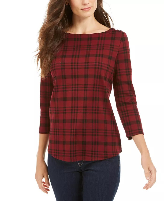 Charter Club Women's Petite Pima Cotton Button-Shoulder Print Top Red Size Petite Small