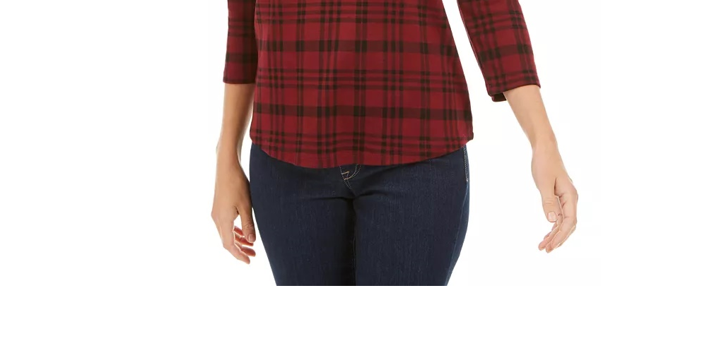 Charter Club Women's Petite Pima Cotton Button-Shoulder Print Top Red Size Petite Small