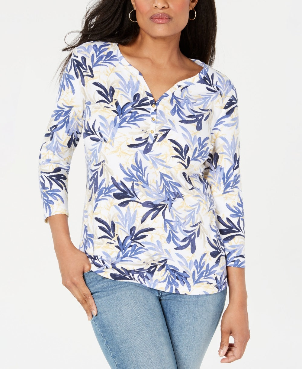 Karen Scott Women's Printed Henley Blue Size Small