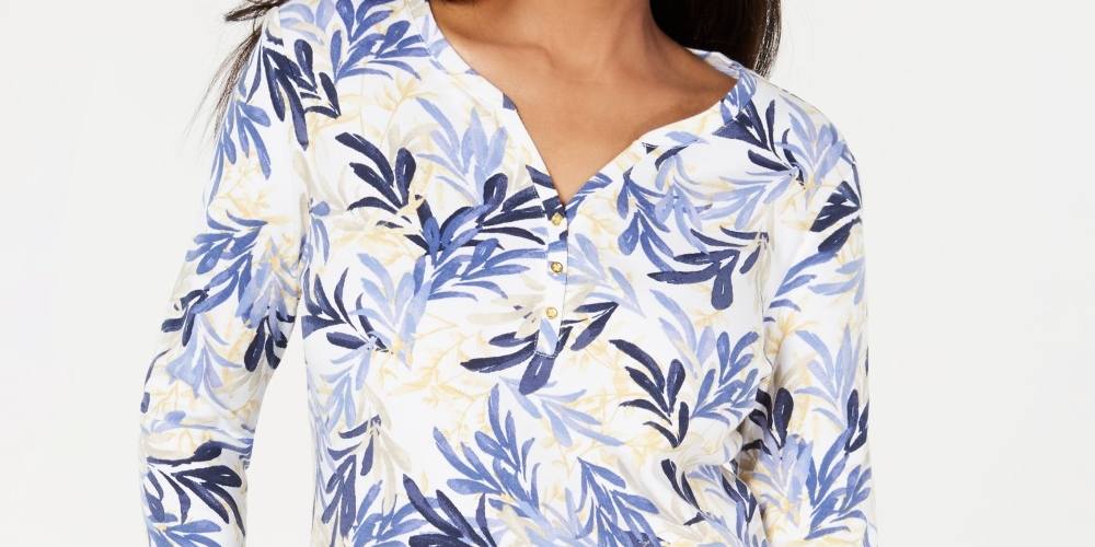 Karen Scott Women's Printed Henley Blue Size Small