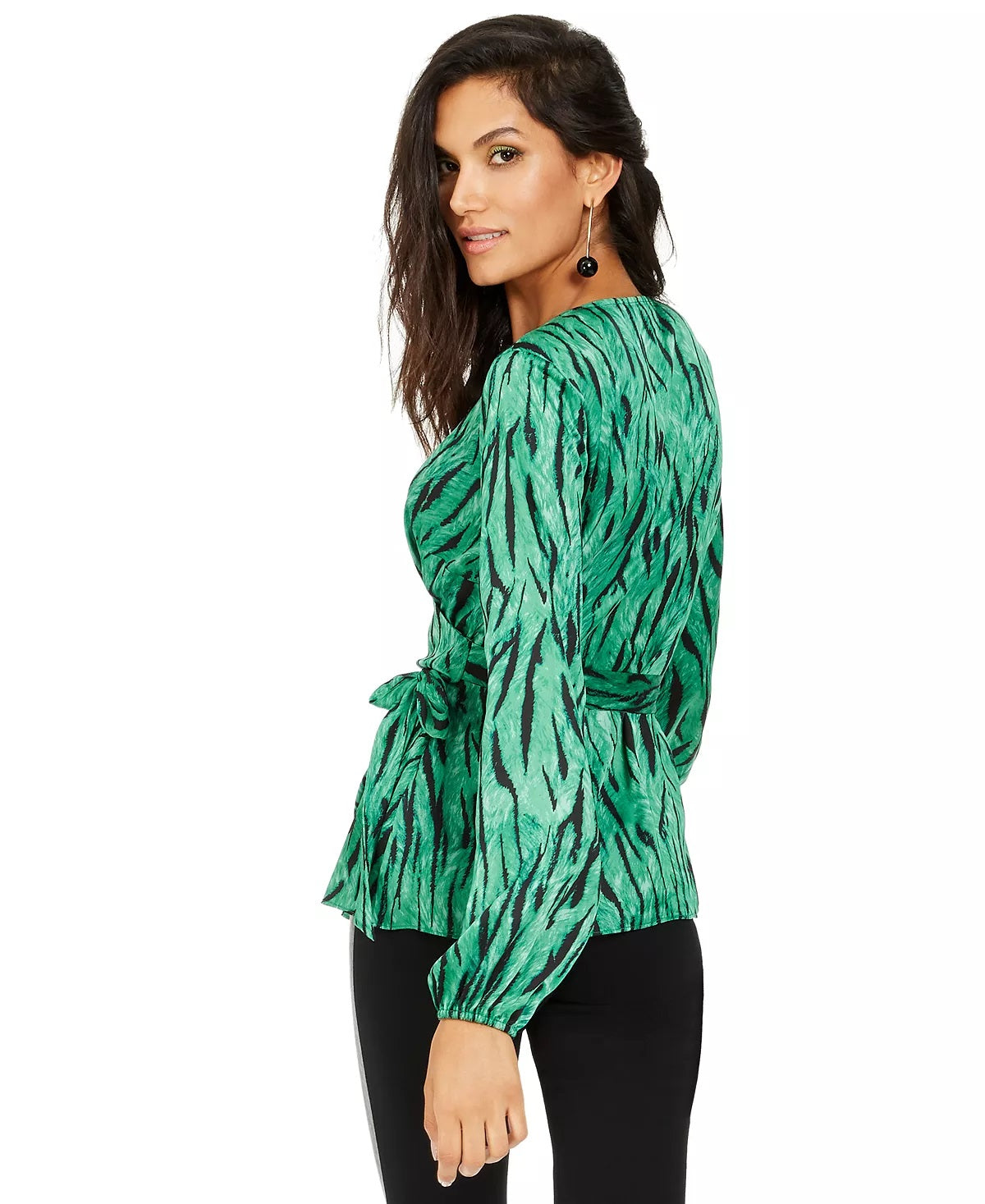 INC International Concepts Women's Animal Print Wrap Top Green Size X-Small