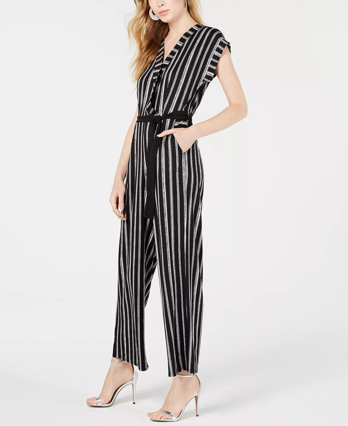 Monteau Women's Petite Faux Wrap Striped Jumpsuit Black Size Petite Large