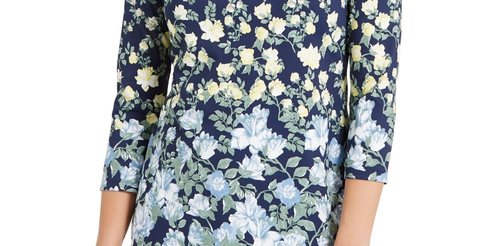 Charter Club Women's Floral-Print Boat-Neck Top Blue Size X-Large