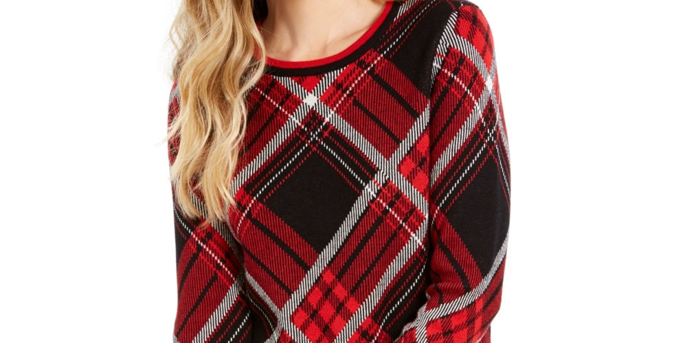 Charter Club Women's Plaid Crewneck Sweater Black Size Medium