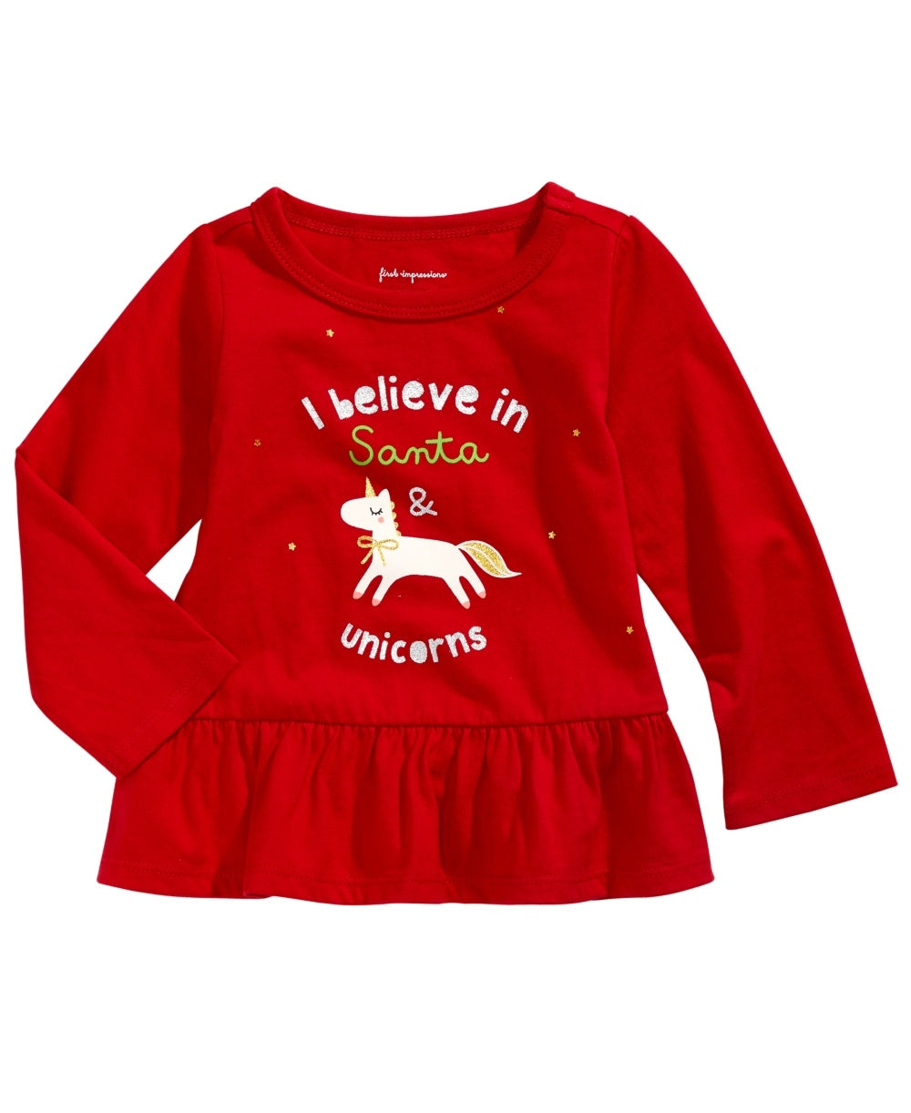 First Impressions Infant Girl's Unicorn Print Cotton Peplum T-Shirt-3-6 Months Red Size 6-9MOS