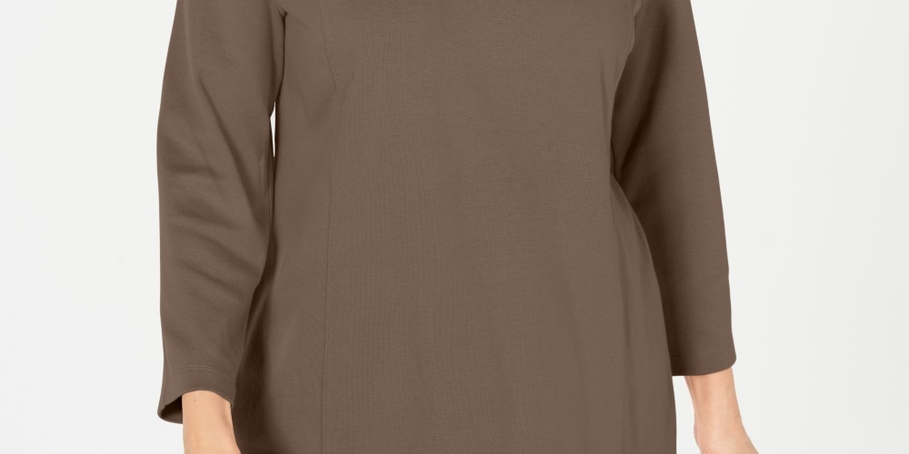 Karen Scott Women's Cotton Half-Zip Mock-Neck Top Brown Size Medium