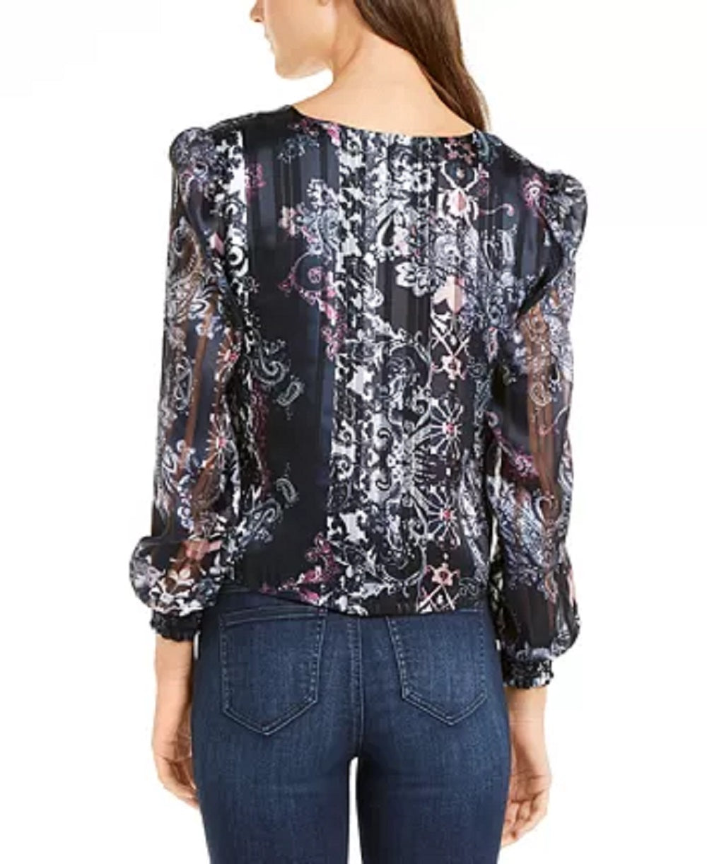 INC International Concepts Women's Petite Printed Tie-Hem Blouse Blue Size Petite