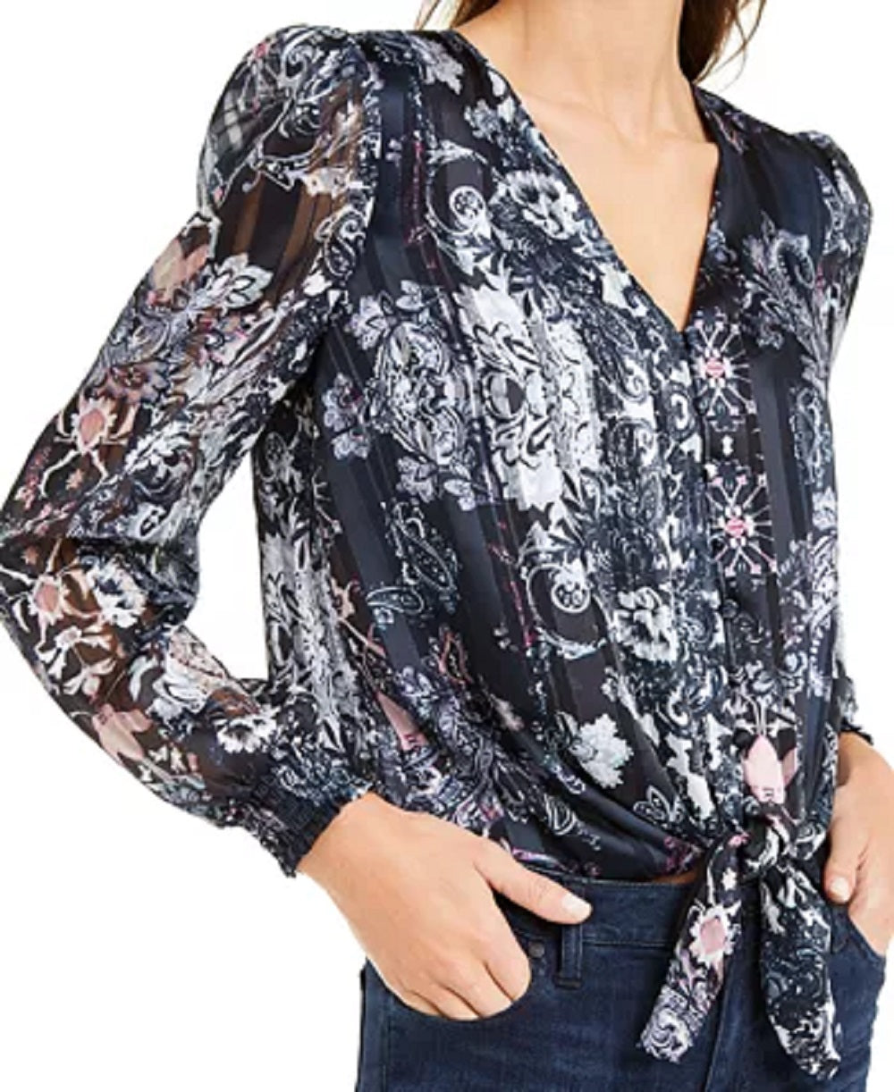 INC International Concepts Women's Petite Printed Tie-Hem Blouse Blue Size Petite