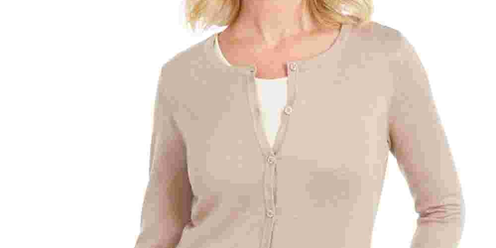 Karen Scott Women's Petite Colorblocked-Hem Cardigan Beige Size PL