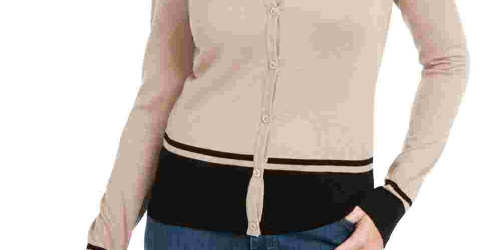 Karen Scott Women's Petite Colorblocked-Hem Cardigan Beige Size PL