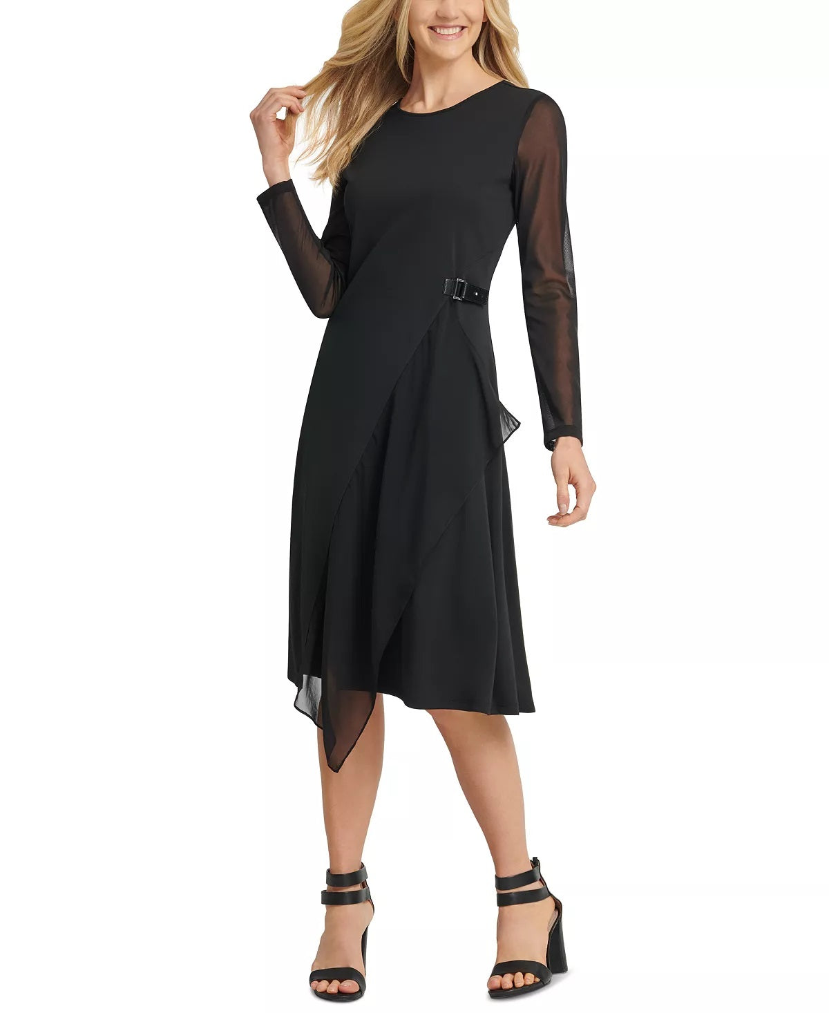 DKNY Women's Long Sleeve Jewel Neck Below The Knee Wear To Work Dress Black Size Small