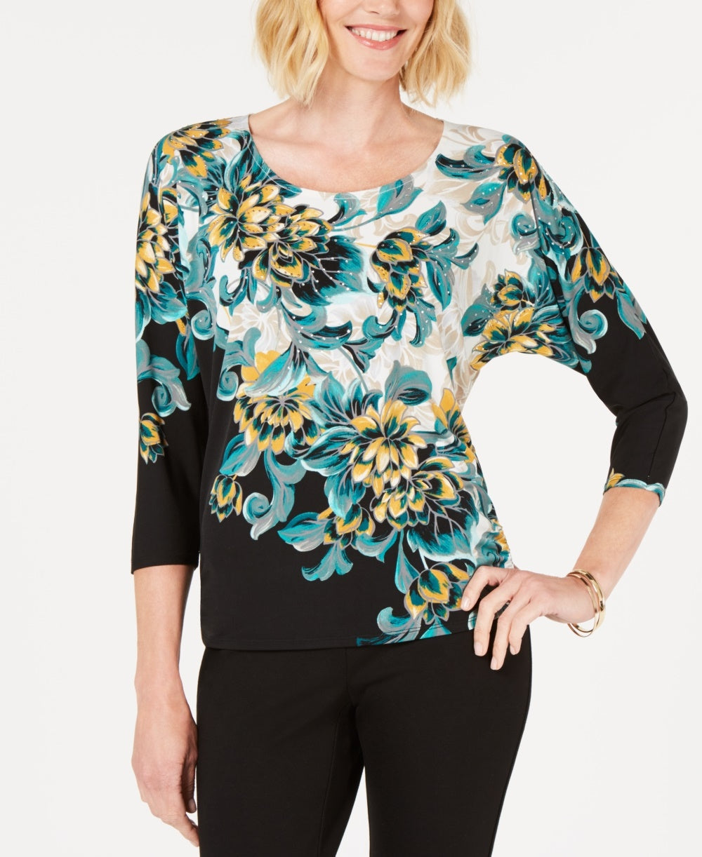 JM Collection Women's Petite Embellished Dolman-Sleeve Printed Top Black Size Small