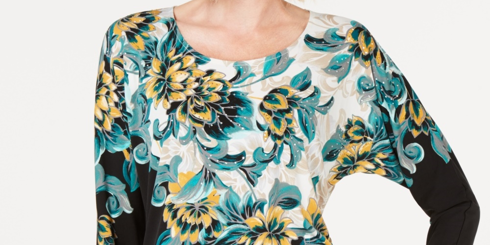 JM Collection Women's Petite Embellished Dolman-Sleeve Printed Top Black Size Small
