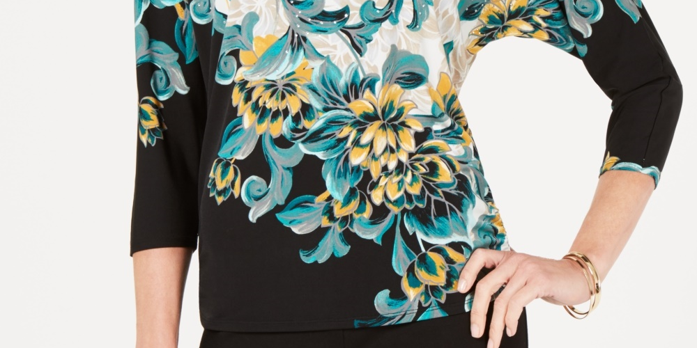 JM Collection Women's Petite Embellished Dolman-Sleeve Printed Top Black Size Small