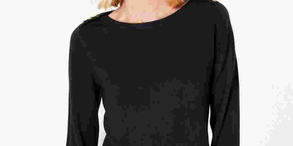 Karen Scott Women's Petite Button-Shoulder Sweater Black Size PL