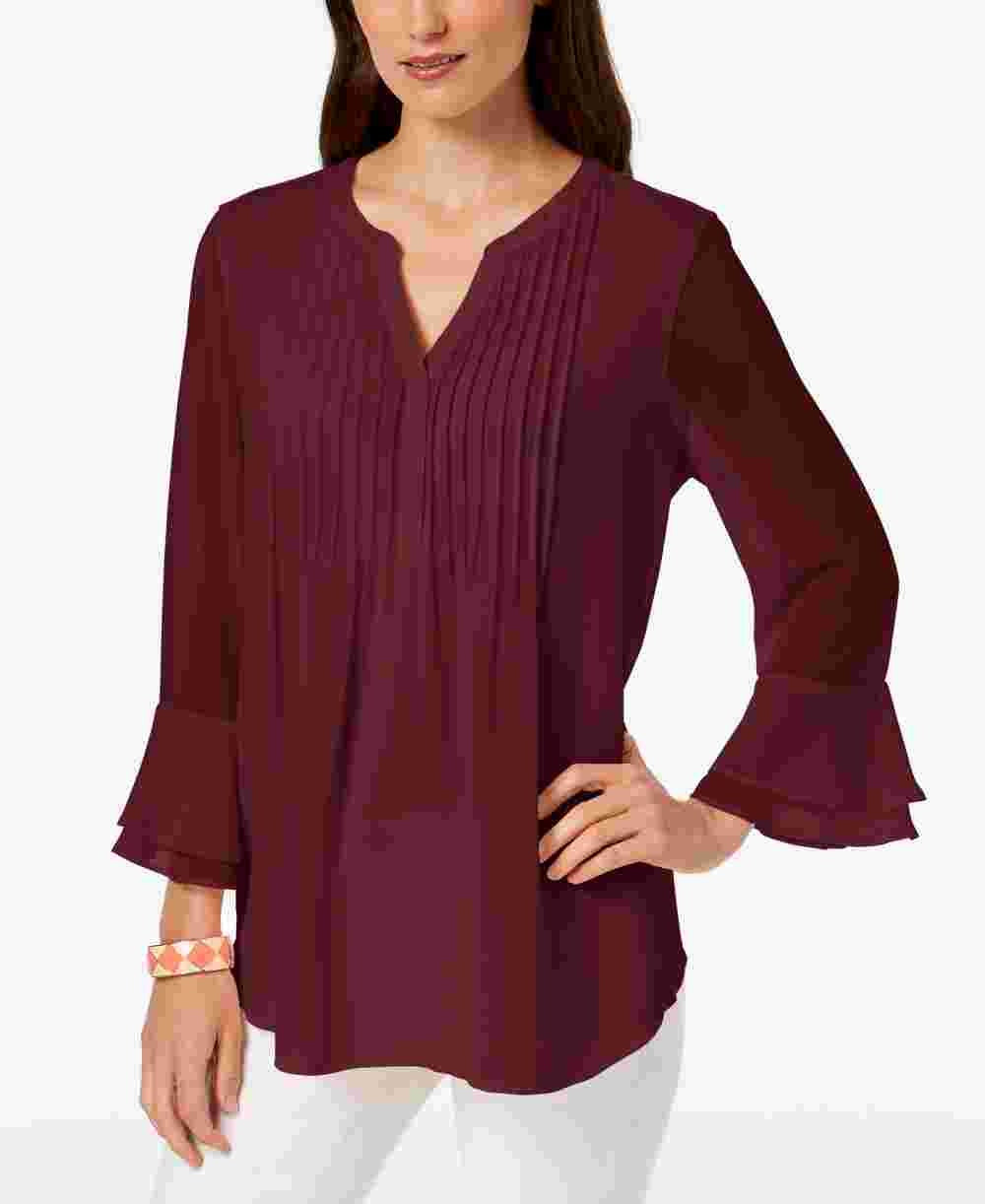Charter Club Women's Double Ruffle Solid Pintuck Top  Wine Size Petite Medium
