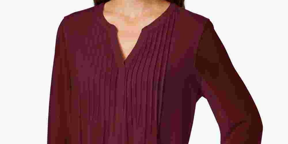 Charter Club Women's Double Ruffle Solid Pintuck Top  Wine Size Petite Medium