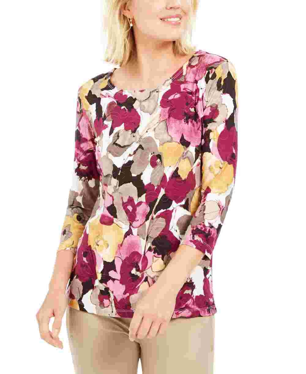 JM Collection Women's Petite Printed Jacquard Top  White Size Small