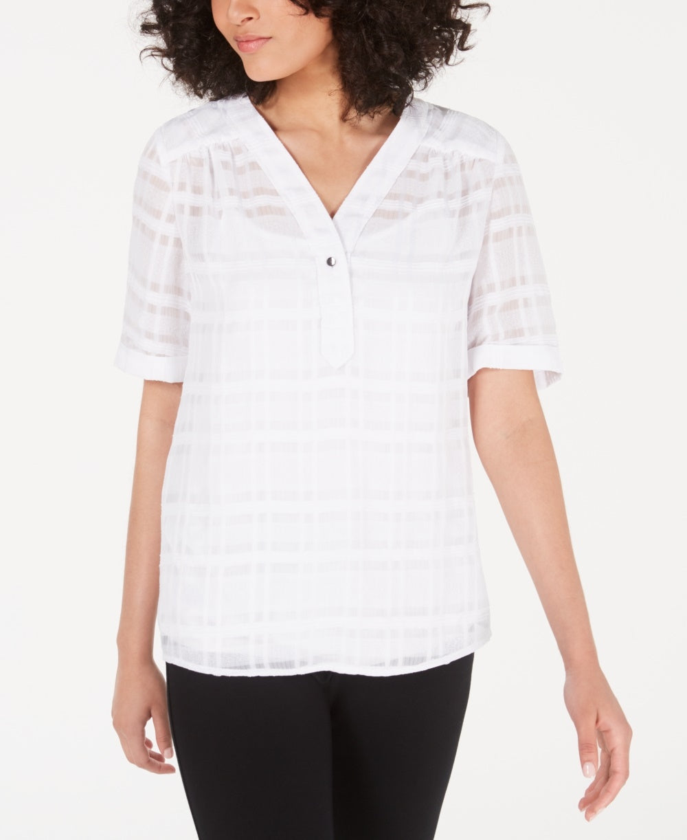Alfani Women's Plaid V Neck Top White Size -PS/M