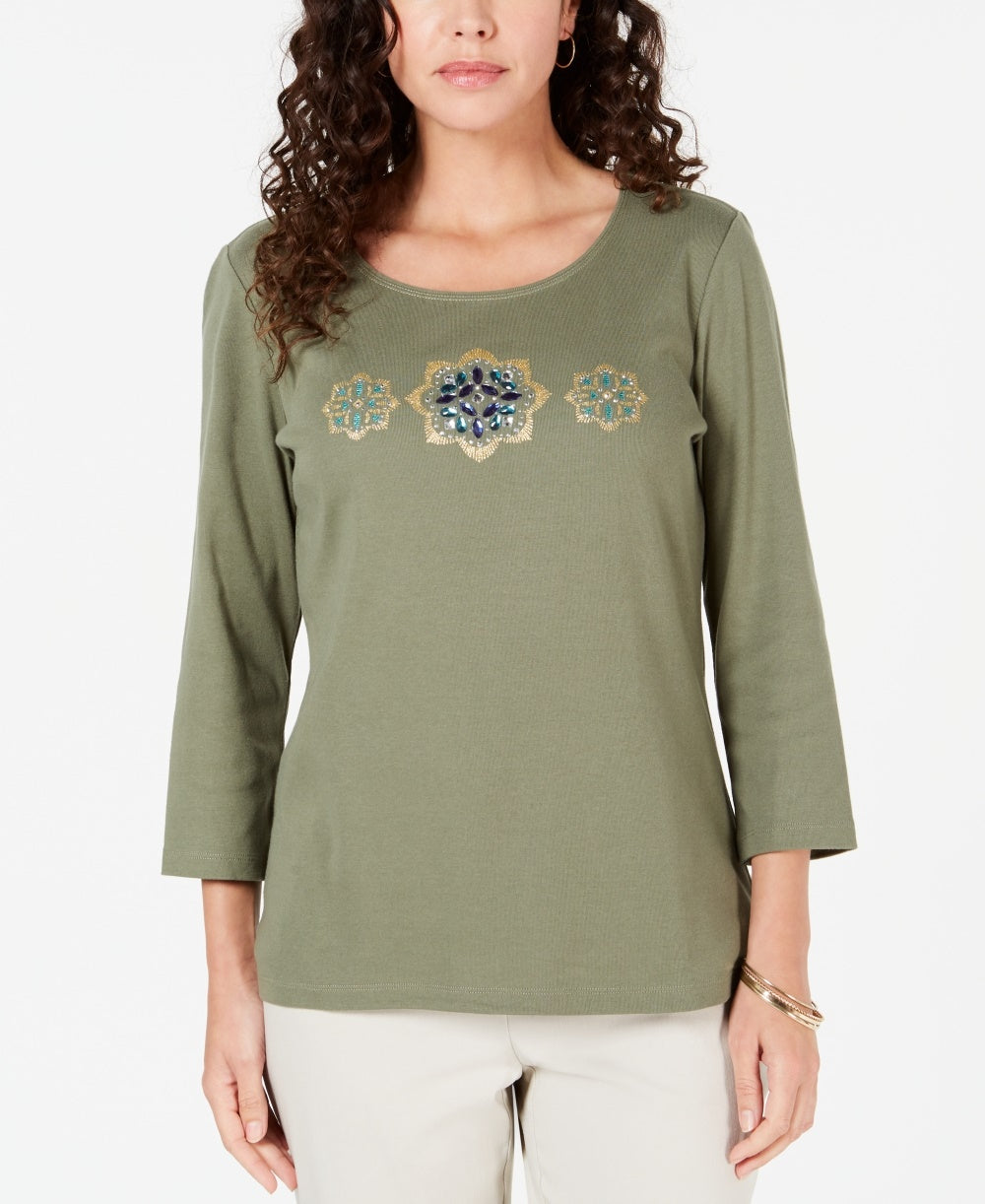 Karen Scott Women's Cotton Glitter Floral-Graphic Top Green Size XX-Large