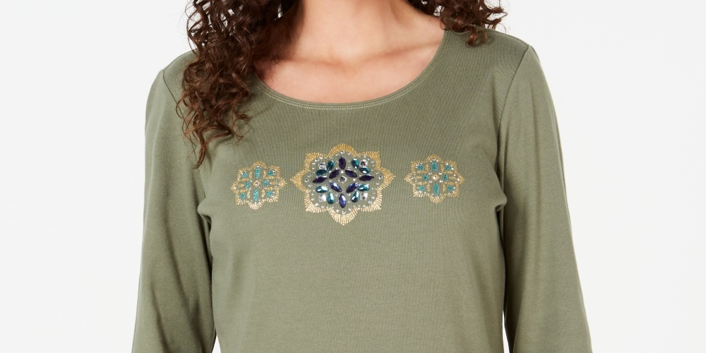 Karen Scott Women's Cotton Glitter Floral-Graphic Top Green Size XX-Large