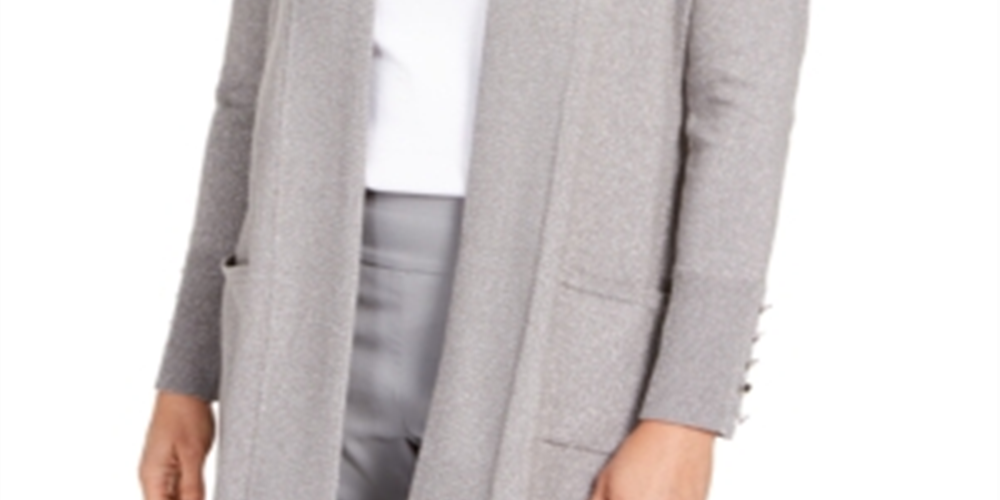 JM Collection Women's Snap Sleeve Metallic Cardigan Sweater Gray Size Small